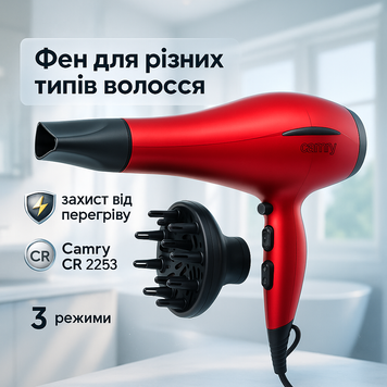 Фен для волосся Camry CR 2253 2600Вт з дифузором 2 швидкості 3 режими ws66566 фото