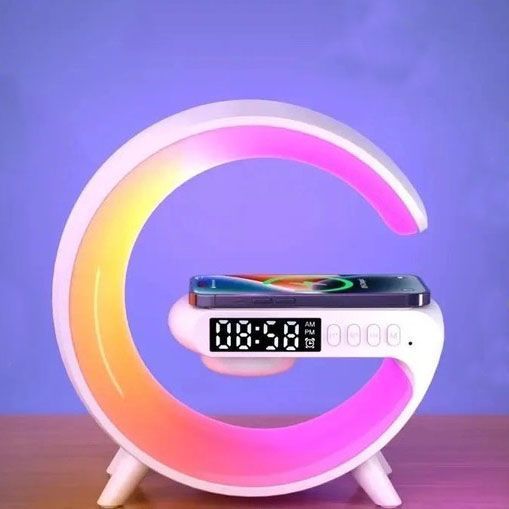 Розумний Нічний світильник G63 міні з Bluetooth Колонкою бездротовою зарядкою 10W Годинниками і RGB підсвічуванням ws69915 фото