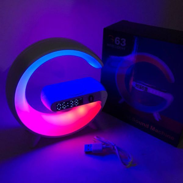 Розумний Нічний світильник G63 міні з Bluetooth Колонкою бездротовою зарядкою 10W Годинниками і RGB підсвічуванням ws69915 фото