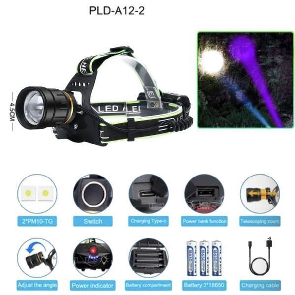 Ліхтарик налобний PLD-A12-2PM10-2TG (WHITE+UV), Ліхтар акумуляторний для риболовлі, Ліхтарик налобний потужний ws26229 фото