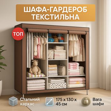 Шафа тканинна 3 секції складана з каркасом STORAGE WARDROBE 175 х 130 х 45 см. Колір: коричневий ws99837 фото