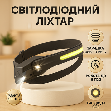 Ліхтар налобний BL-W689/G28-LM+COB/5808A, сенсорний, Li-ion акумулятор, світлодіодний ліхтар на лоб ws88242 фото