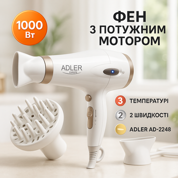 Електричний фен для волосся Adler AD-2248 White 2400Вт для укладання та сушіння з насадками з іонізацією ws82617 фото